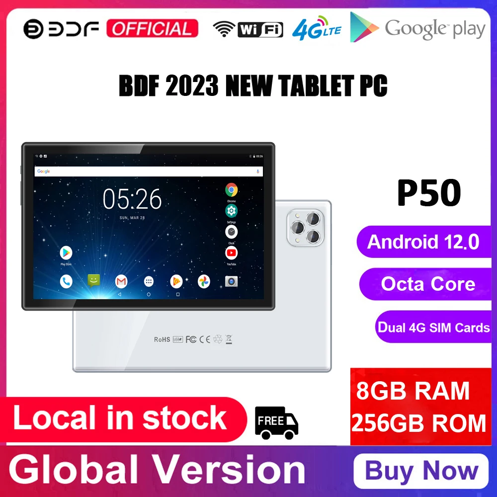 

BDF World Premiere P50 Pro 10.1'' Tablet Pad 8GB RAM 256GB ROM Octa Core Android 12.0 Google GPS 4G LTE Network Dual SIM Cards