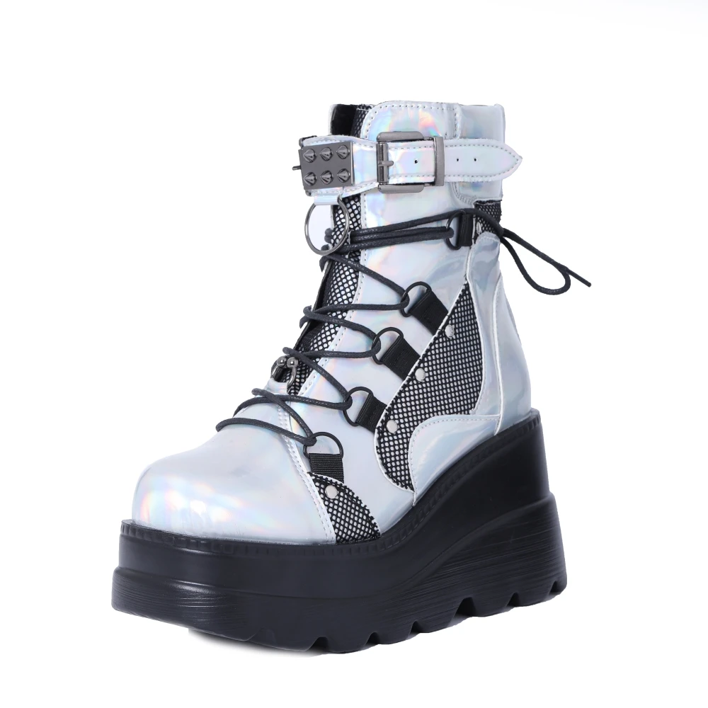 2022 Autumn Winter Sale Punk Halloween Witch Cosplay Platform High Wedges Heels Black Gothic Calf Boots Women Shoes Big Size 43 