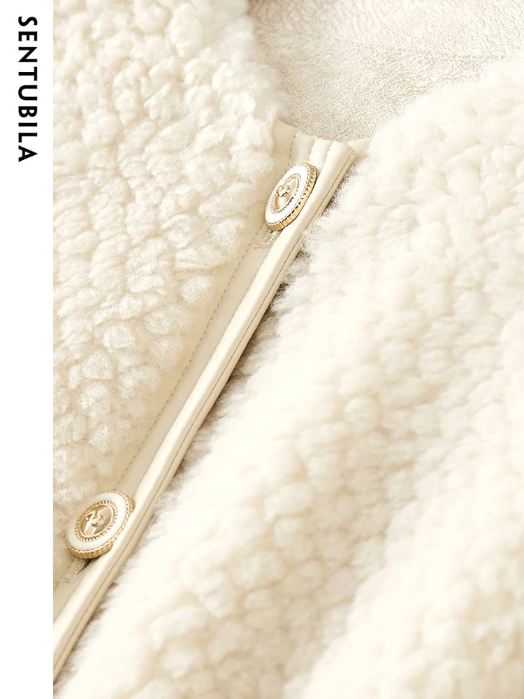 SENTUBILA Faux Fur Coat Women Luxury 2023 Autumn Winter Elegant O-Neck Short High Quality Warm Granular Velvet Jacket W34P50135