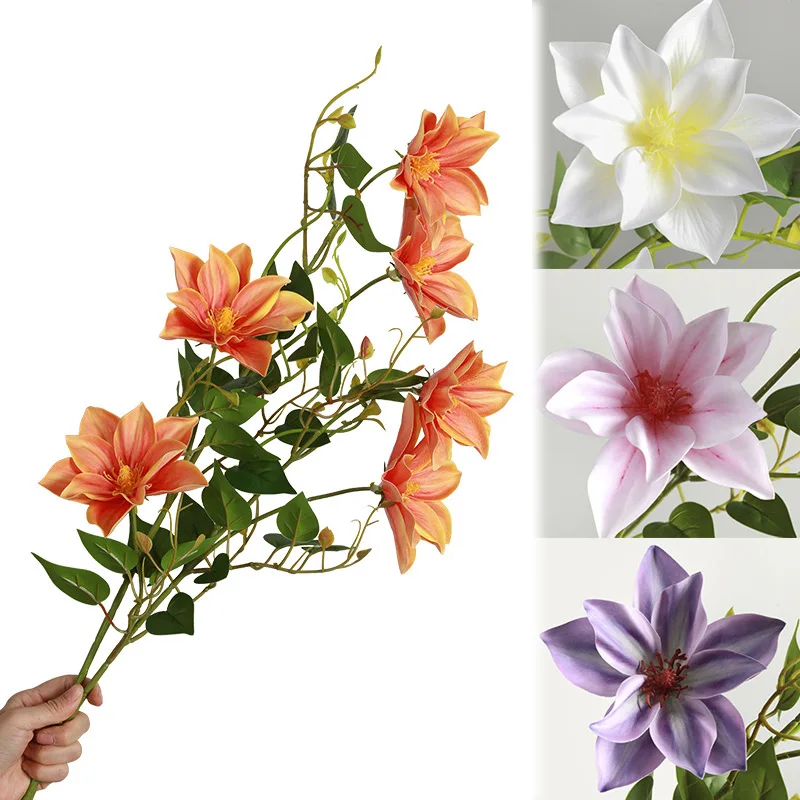 

5pcs Simulation Artificial Clematis Small Handle Fake Plants Home Decor Real Touch With Leaves
