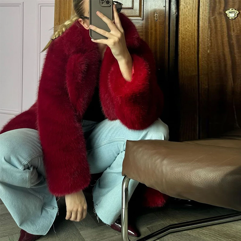 Luxury Women's Red Faux Fur Long Overcoat Fleece Thick Warm Full Sleeve Lapel Cardigan Coat Winter Fashion Loose Outerwear