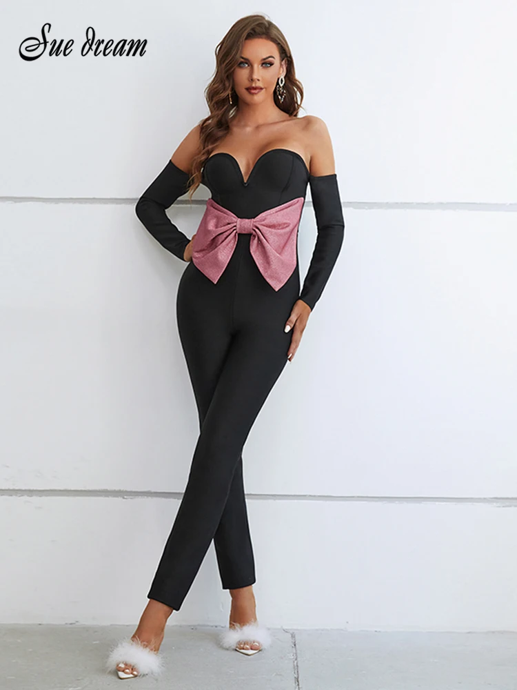 

Cutenew Sexy Shiny Bow Patchwork Sleeveless Women Elegant Solid Skinny Pants Jumpsuit 2023 New Fashion Lady Party Streetwear