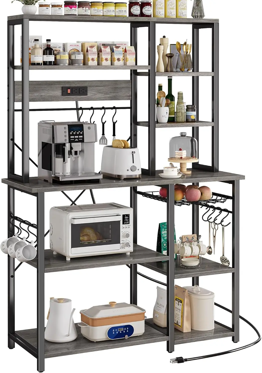 Bakers Rack with Power Outlets, 6-Tier Microwave Stand, Coffee Bar with 12 S-Shaped Hooks, Kitchen Shelf Wi