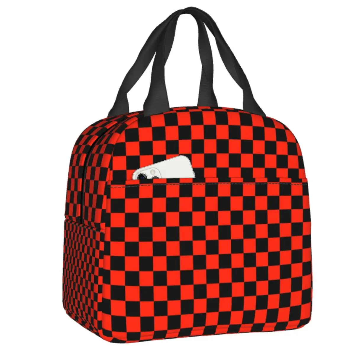 

Black And Scarlet Red Checkerboard Lunch Boxes for Women Checkered Cooler Thermal Food Insulated Lunch Bag Kids School Children