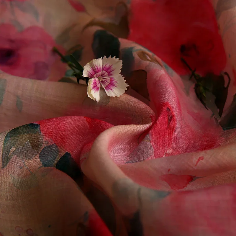 

Ткань, ширина 140 см x 50 см, Розовый натуральный чистый рами, Цифровой цветочный принт, окрашенный в пряжку, «сделай сам», чонсам, женская одежда, летнее платье