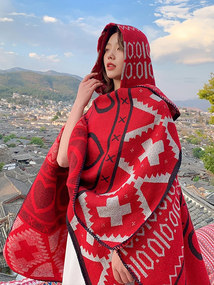Imitation Cashmere Elegant Women Scarf Winter Hooded Poncho Warm Female Boho Thick Wrap Blanket Capa Para Mujer Pashmina Shawls