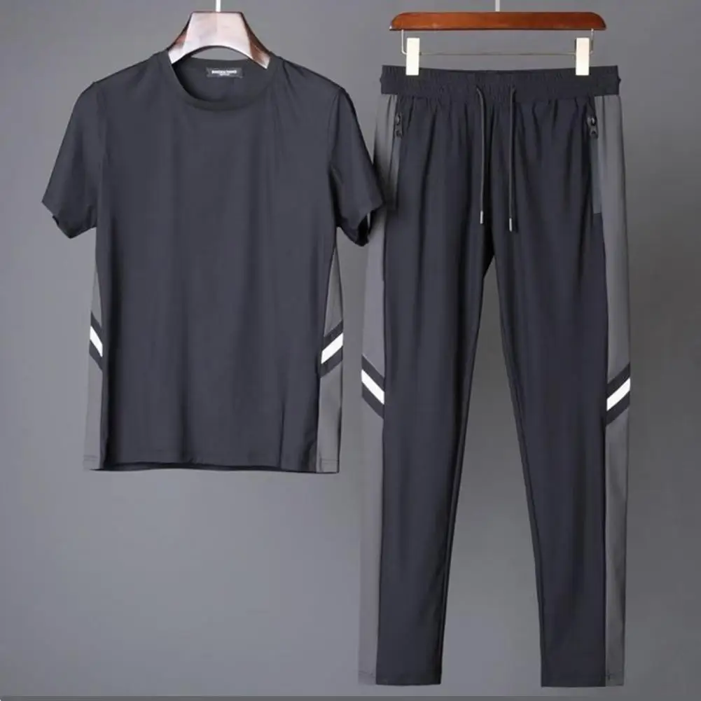 1 Set Men Outfit Short Sleeve Top Drawstring Pants Color Block Pockets Summer Contrast Color Quick Dry Sweatsuit Set for Fitness