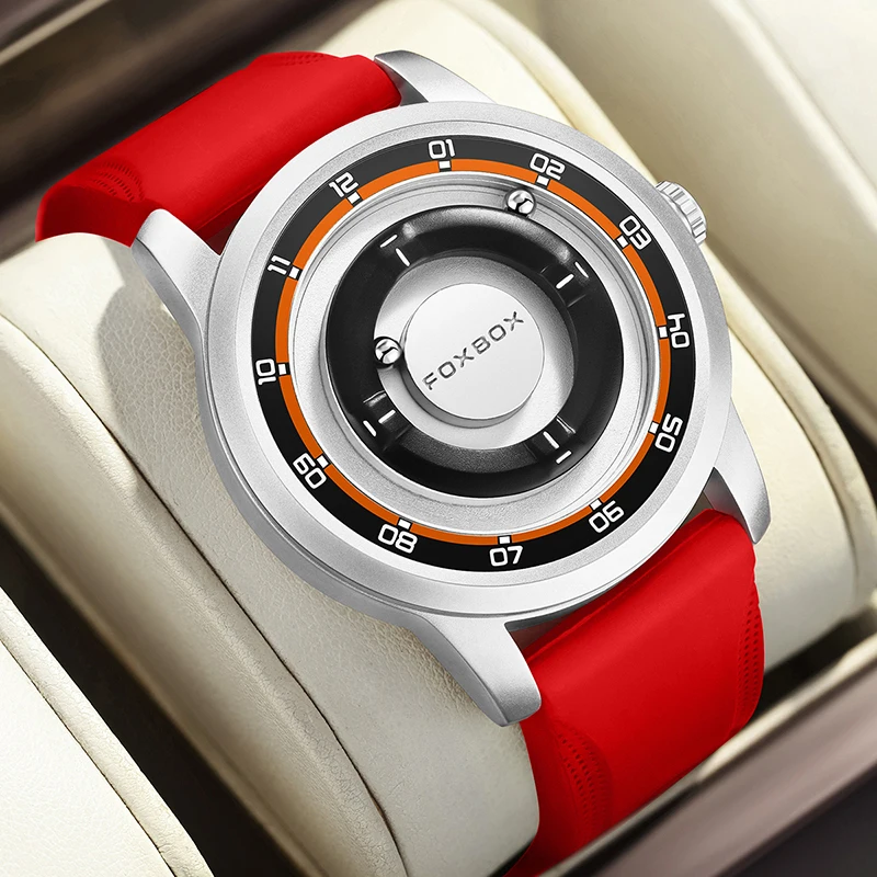 FOXBOX New Men Watch Fashion Red Silicone Waterproof Scrolling Pointer Magnetic Force Quartz Watches For Men Relogio Masculino