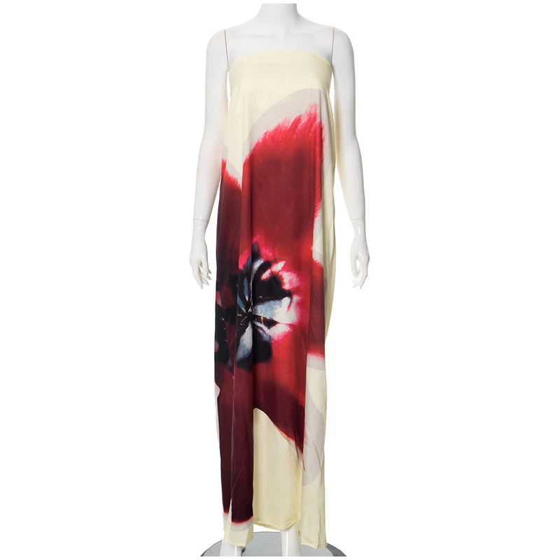 Sexy Floral Printed Strapless Long Dresses Women Loose Off The Shoulder Sleeveless Beach Dress 2025 Summer Lady Vacation Robes