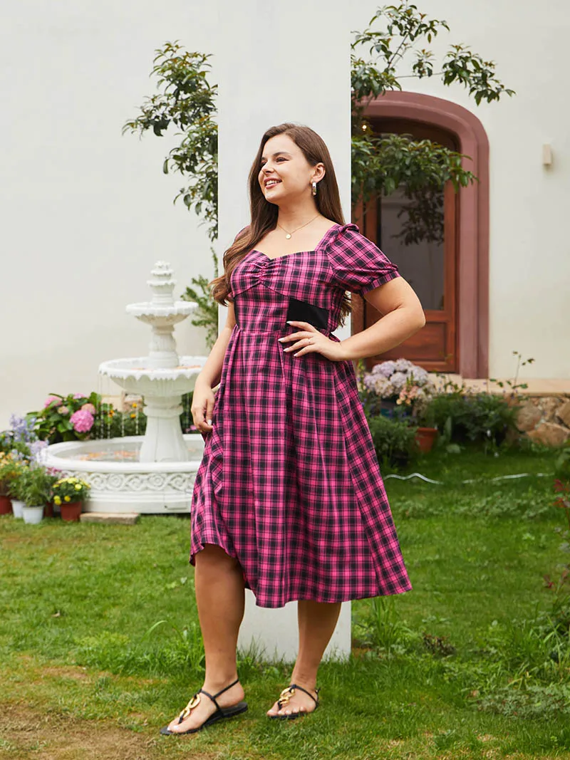 Cute Plus Size Women Clothing Dresses Elegant Short Sleeve Pink Plaid Midi Dresses Boho Plus Size Long Women Summer Dresses 2023