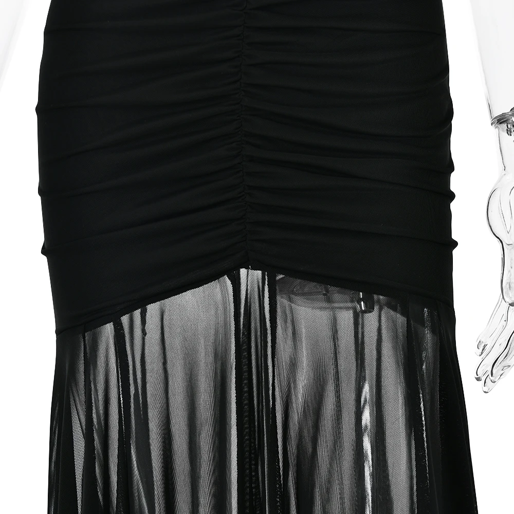 Elegant Sleeveless Mesh Patchwork Double Layer Long Dress Women Bodycon Evening Dress Sexy Perspective Tight Vestido