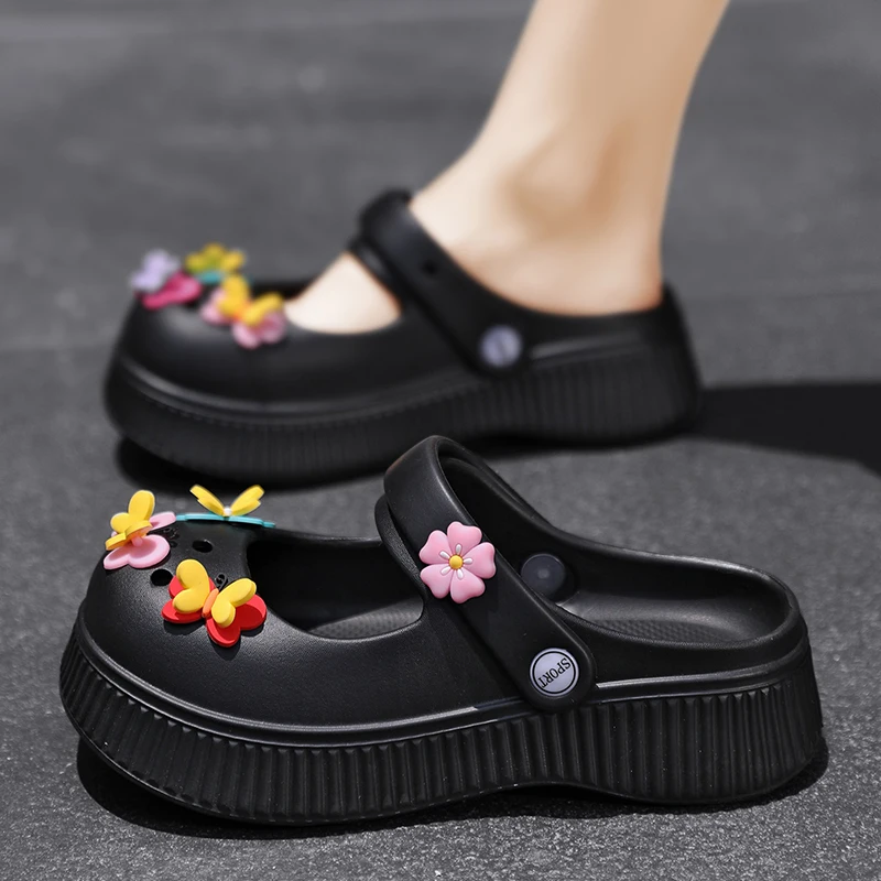 Summer Women Slippers Platform Clogs Garden Shoes Soft Outdoor Beach Sandals Chunky Slippers Butterfly Decoration Vacation Shoe