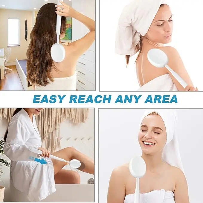 Shower Scrubber Lotion Applicator For Back Professional Wooden Long Handle With Replacement Heads For Home Men Women