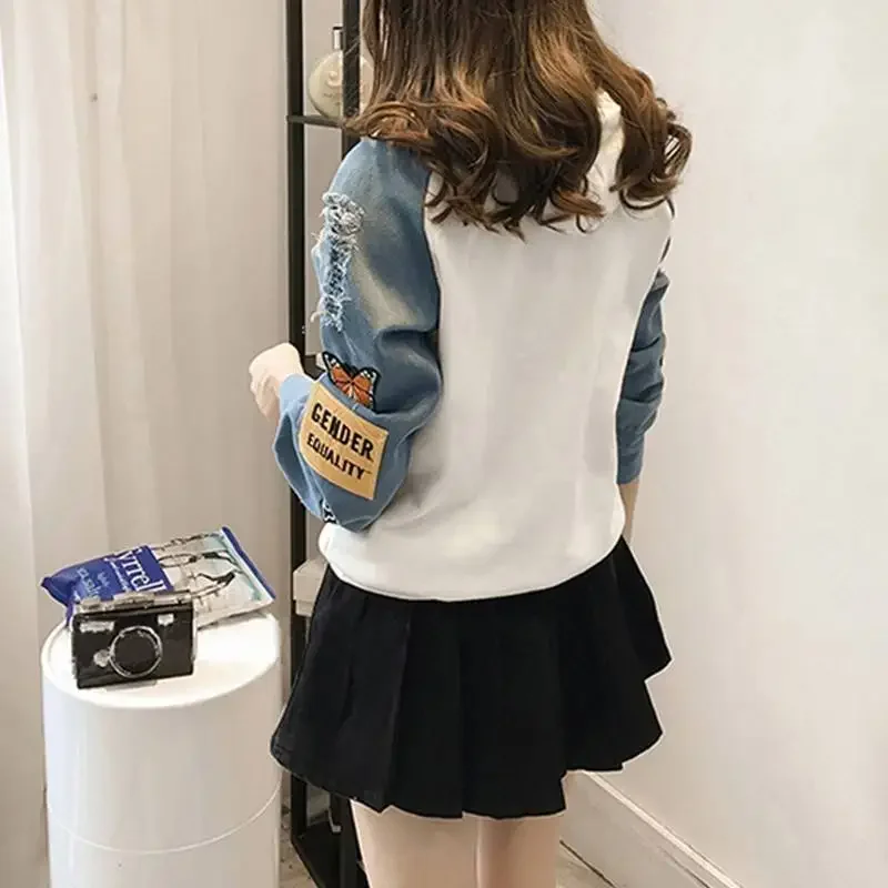 2024 Harajuku Female Sweatshirt Women Letter Print Patch Hoodies Autumn New Hole Long Sleeve Drawstring Splice Hooded Pullovers