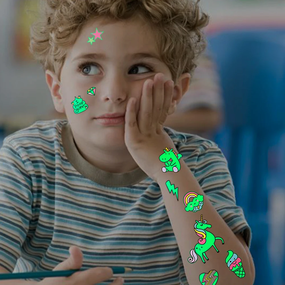 Temporary tattoos 5pcs Green Luminous Glow Waterproof Temporary Tattoo Stickers Cute Cartoon Unicorn For Kids Arm Face Body Art Fake Tattoos