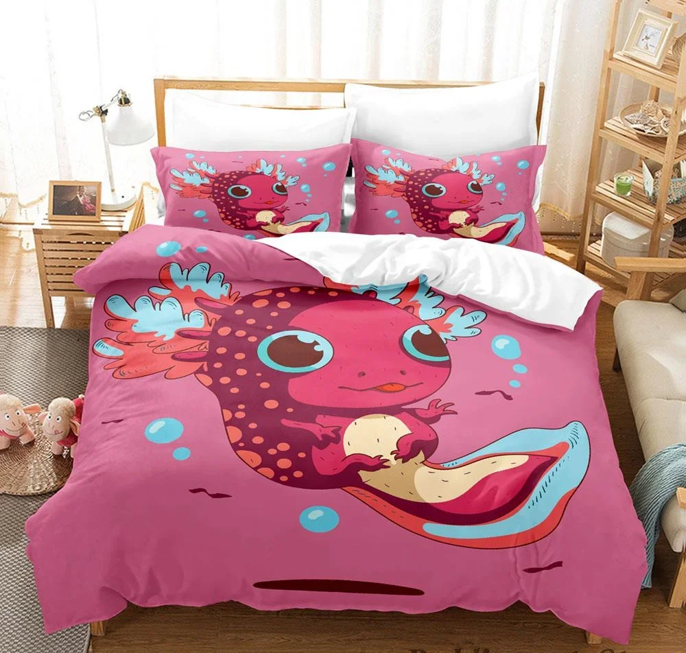 Kawaii Animal Axolotl Print Bedding Set Single Twin Full Queen King Size Bed Set Aldult Kid Bedroom Duvetcover Set 3D Anime 3