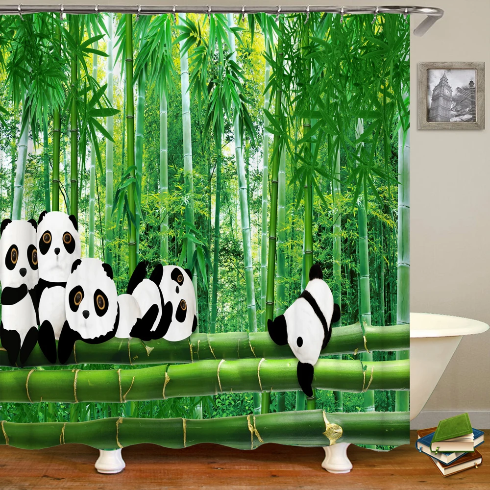 

Bathroom Waterproof Shower Curtain 3D Cute Panda Animal Green Bamboo the landscape Printed Polyester Home Decoration Curtain