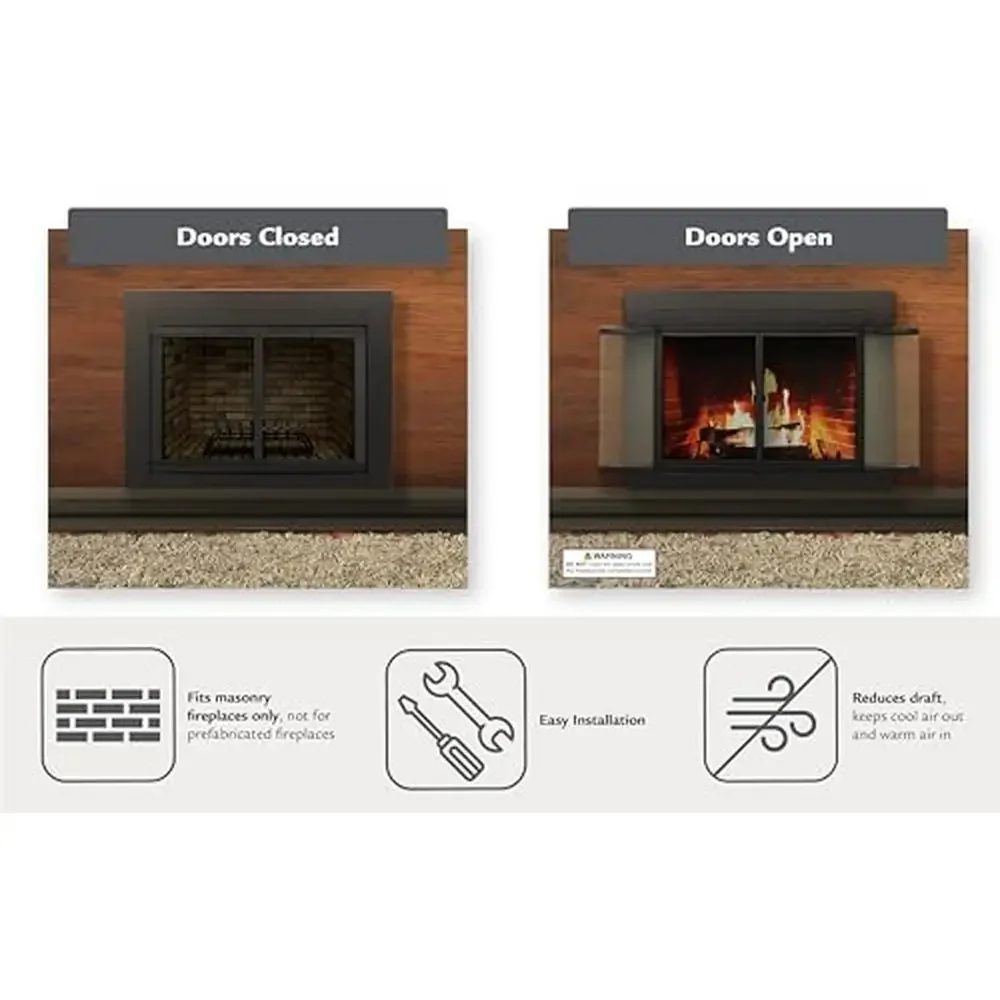 Fireplace Glass Door Large Black Bi-fold Doors Standard Mesh Panel 180 Degree Open Alloy Steel 43.5"L x 33"W Easy Grip Handles 3
