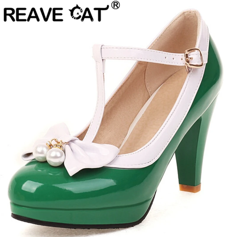 

REAVE CAT 2022 New Women Platform Pumps Round Toe Middle Heels Bowtie T-Bar Strap Sweet Plus Size 32-50 Black Red Spring S3188