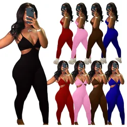 European and American women's fashion sexy halter strap solid color casual jumpsuit spot jumpsuits   ladies jumpsuit