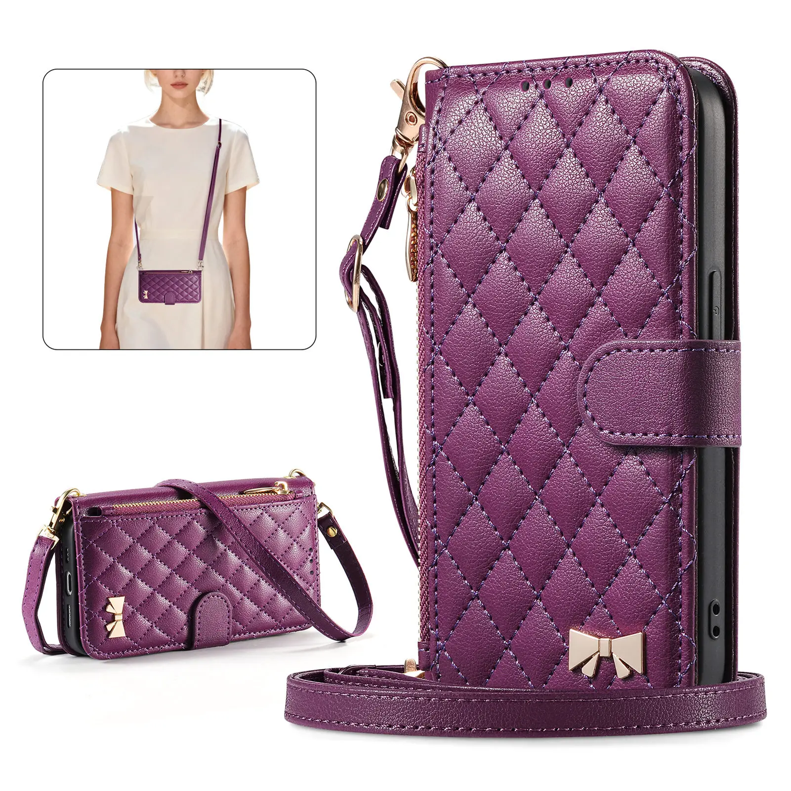 PU Leather Crossbody Flip Wallet Phone Case with Wrist Strap Cover