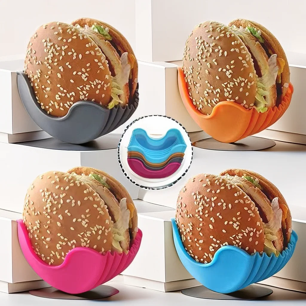 Hamburger Holders 4pcs Retractable Hamburger Holders Hamburger Fixed Box Sandwich Burger Clip Rack Washable Silicone French Fry Sauce