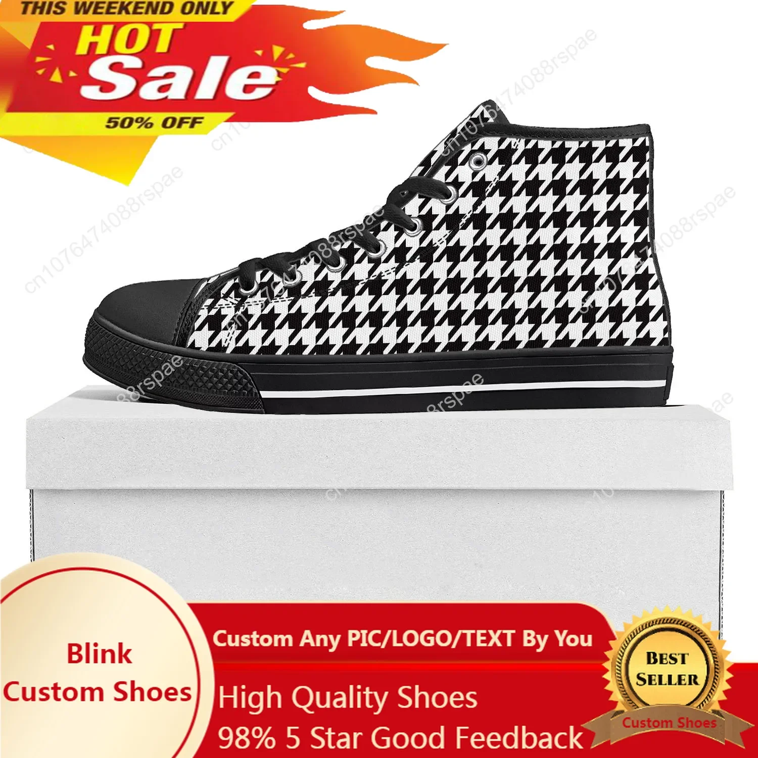 

Houndstooth Pattern High Top High Quality Sneakers Mens Womens Teenager Canvas Sneaker Casual Couple Shoes Custom Shoe Black