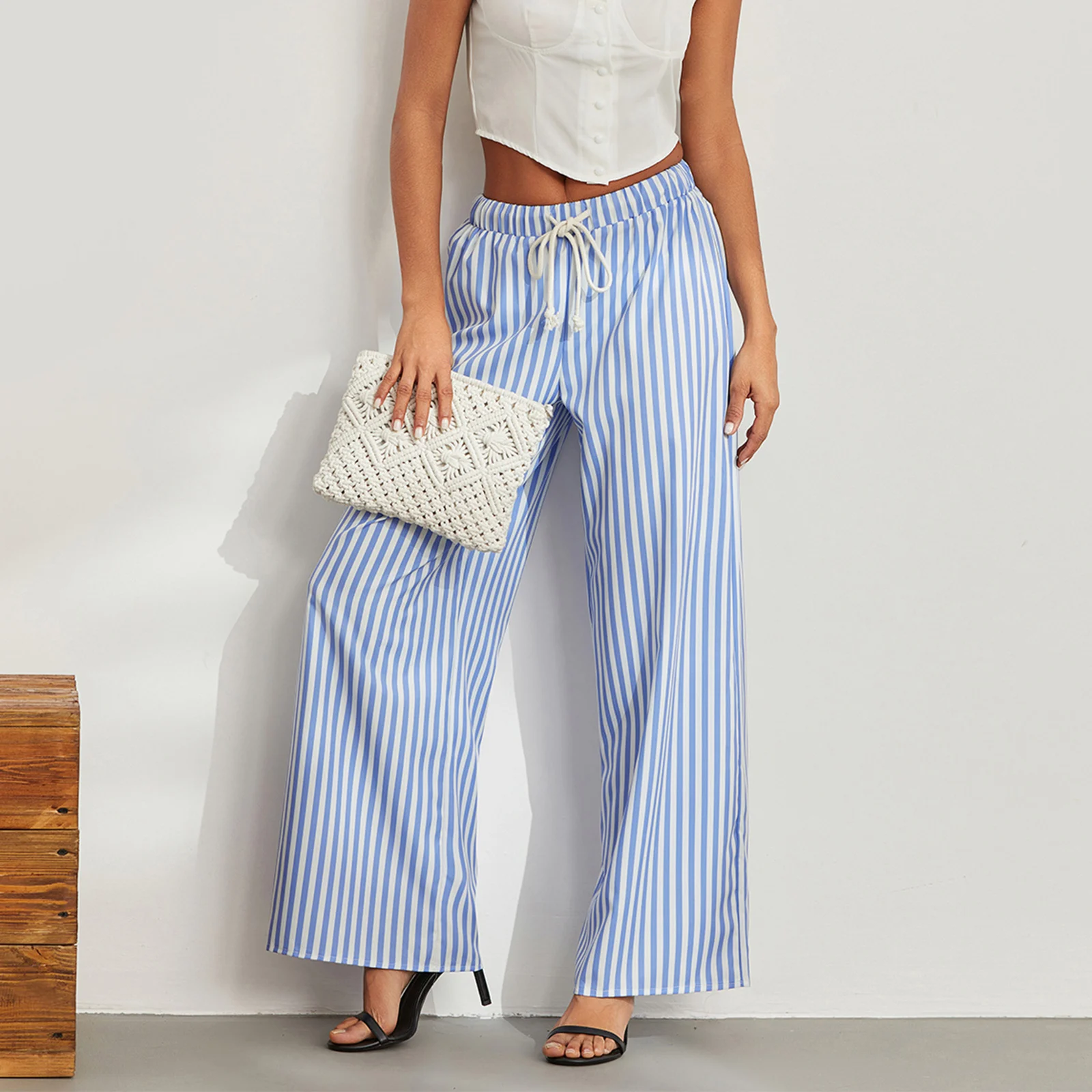 Women Y2k Pants Striped Wide Leg Pants Casual Comfy Drawstring Elastic Waist Pajama Pants Loungerwear