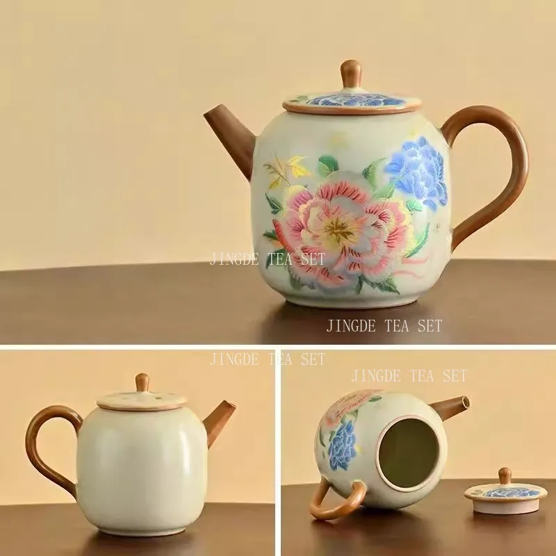Chaozhou Embroidered Peony Teapot Chinese High-end Kung Fu Tea Set Household Lid Bowl Master's Tea Cup Tea Pot Underglaze Color