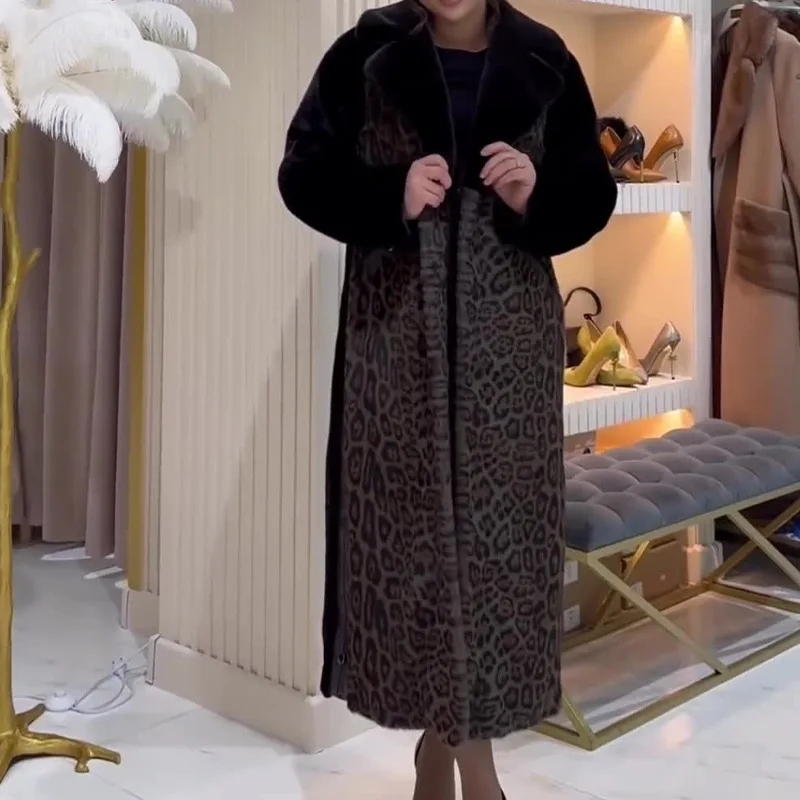 

Fashionable leopard print fur stitching long over-the-knee cotton suit women