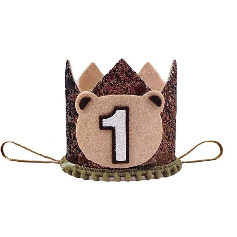 1Pcs First Kids Birthday Party Glitter Brown Bear Hat ONE Burlap Lion Birthday Crown Baby Shower Photoprops Party Decorations