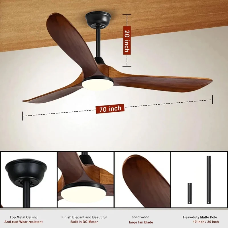 High Power DC Motor, Remote Control with Light, Living Room, Dining Room, 3 Blades, Solid Wood Propeller, 52 Inch Ceiling Fan 4