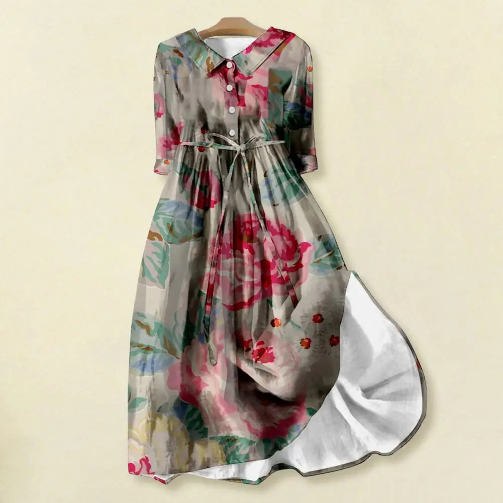 

Women Summer Dress Turn-down Collar Retro Floral Printing Long Sleeves A-line Pleated High Belted Waist Big Hem Half Single-brea