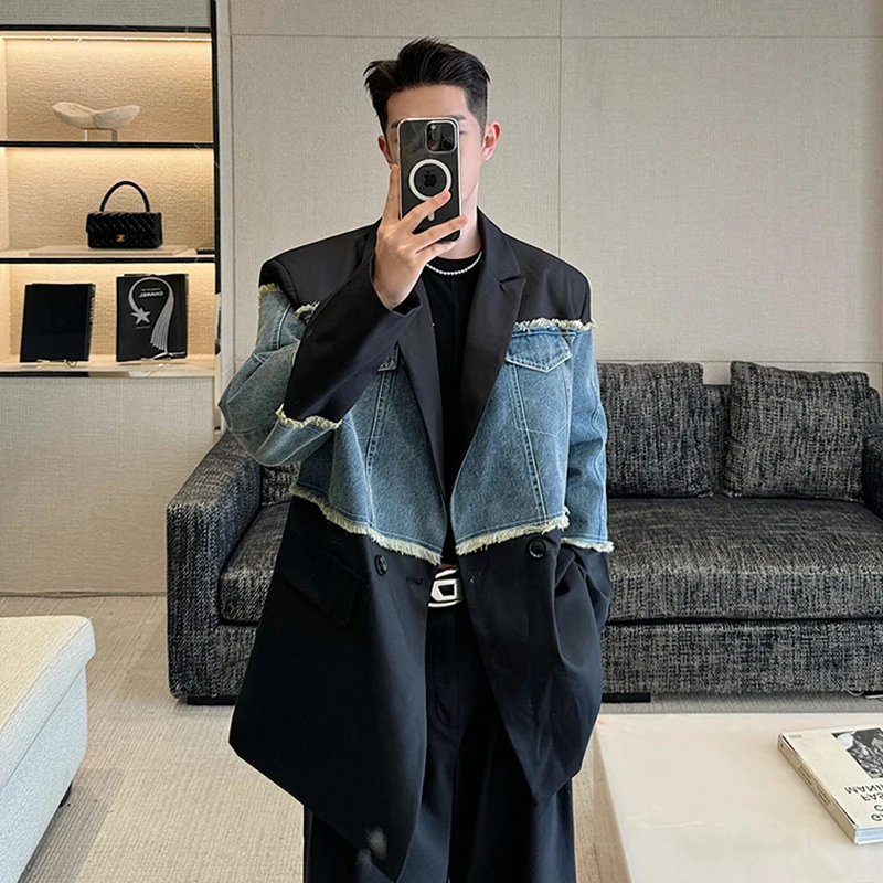 IEFB Patchwork Men's Suit Jacket Spring Deconstructed Washed Denim Spliced Male Lapel Blazer Contrast Color Top 9C5170