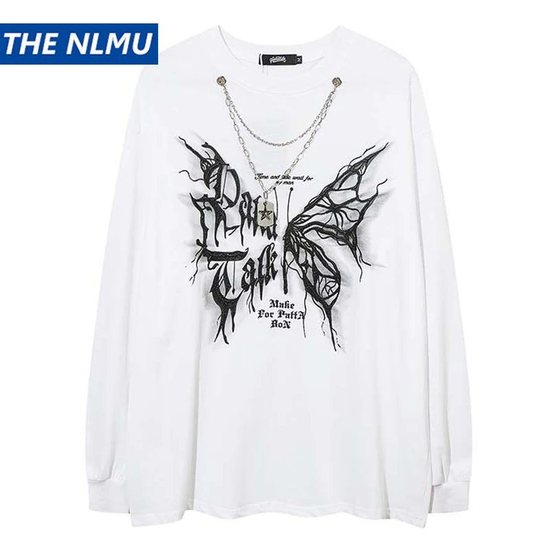 

2023 Men Long Sleeve T-Shirt with Necklace Butterfly Graphic Vintage T Shirt Hip Hop Streetwear Loose Tee Tops Man Y2K Tshirt
