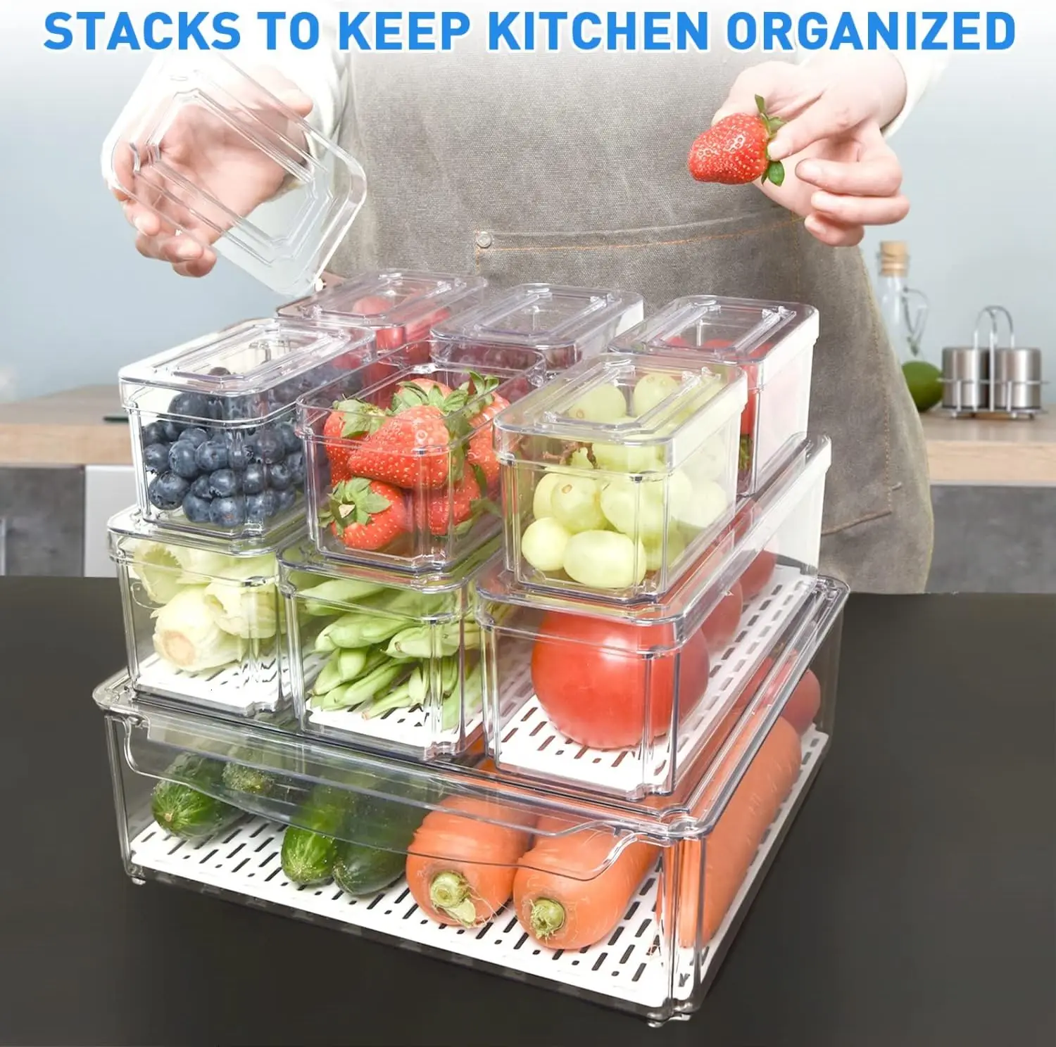 Stackable Refrigerator Organizer Bins with Lids, BPA-Free Produce Fruit Storage Containers for Storage Clear for Food 3