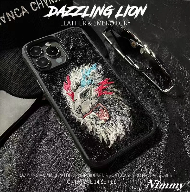 3D Embroidery Tiger Head Aesthetic Case for iPhone 12 11 13 Pro Max XS 8 7  Plus X Luxury Brand Crocodile Texture Leather Cover