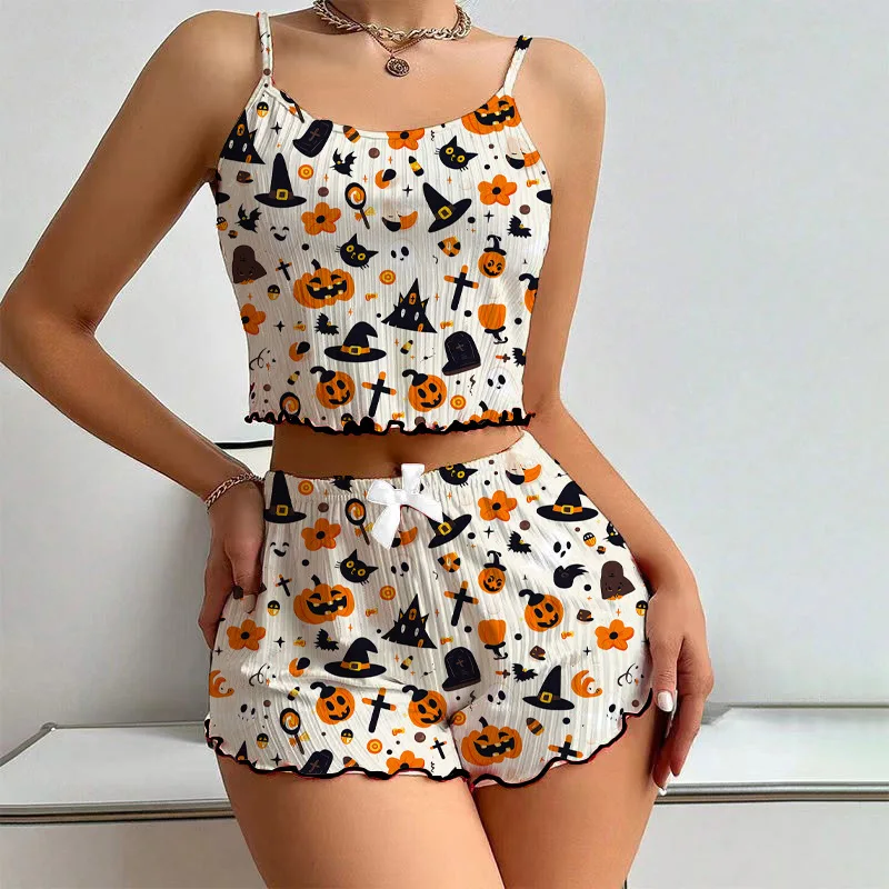 Halloween Pumpkin Print Pajama Set Womens Cute Ribbed Cami Crop Top and Shorts Two Piece Sleepwear Lettuce Hem Y2K Loungewear