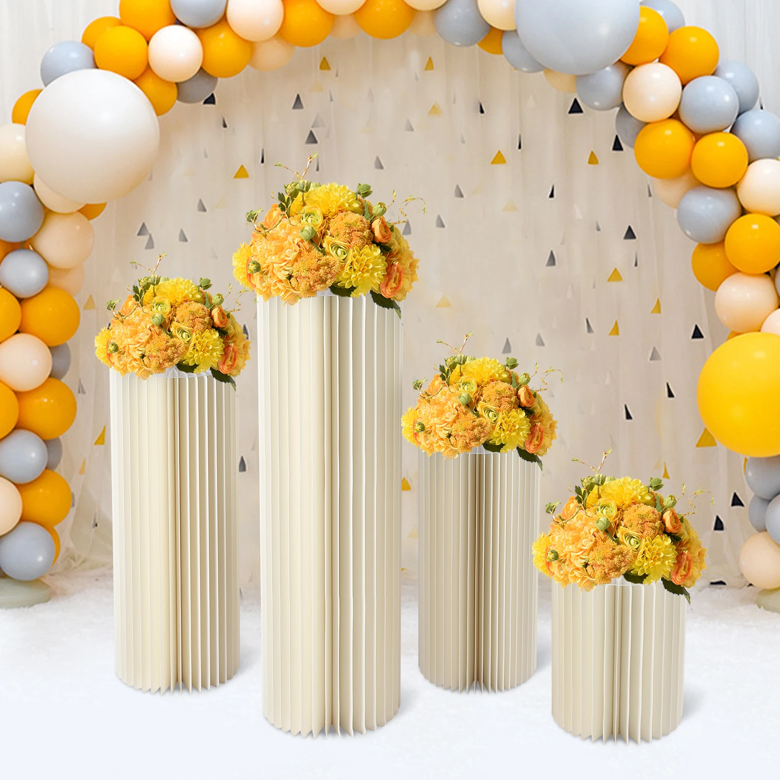 

Foldable Cardboard Centerpiece Display - 4 PCs Cylinder Flowers Stand, Dessert Table, Columns Display with Acrylic Lid for Weddi