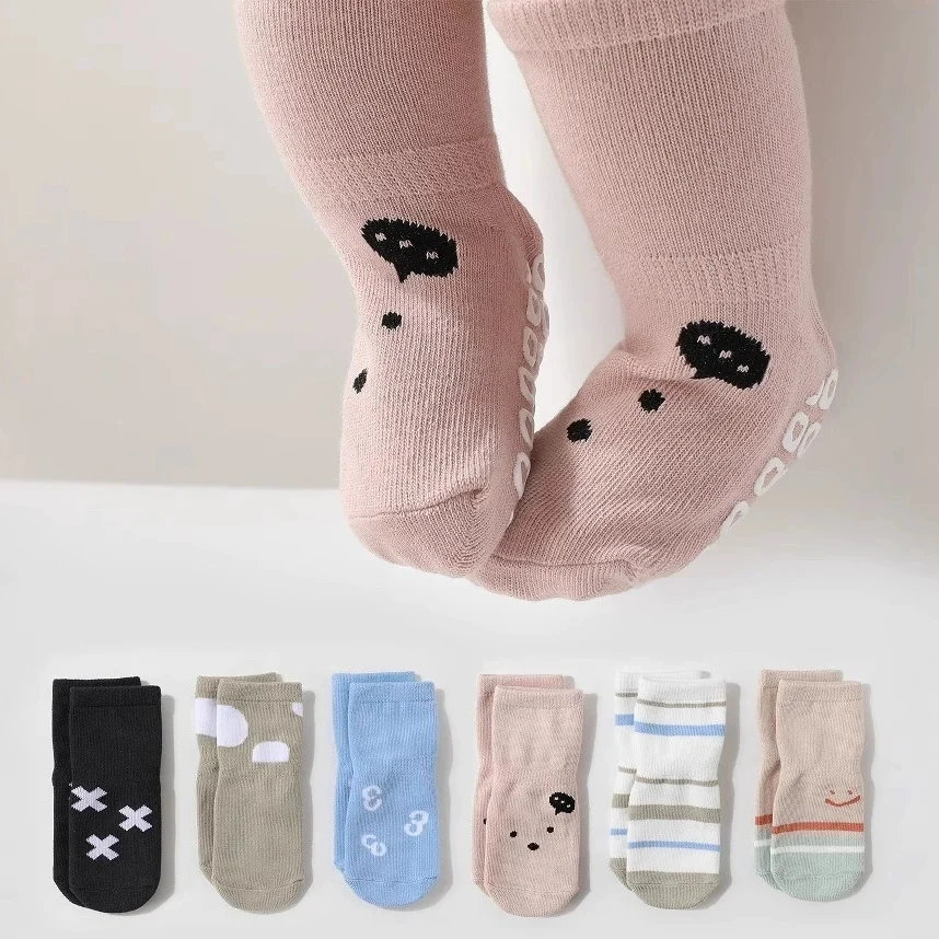 6 Pairs Kids Socks Cartoon Animal Pattern Cotton Non-Slip Floor Socks for Boys Toddler All-Season