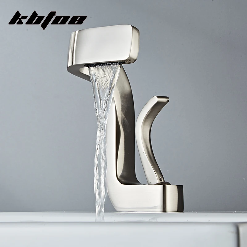 Brushed Luxury Washbasin Faucet Bathroom Deck Mounted Waterfall Hot Cold Water Sink Mixer Tap Modern Creative Design Brass Crane