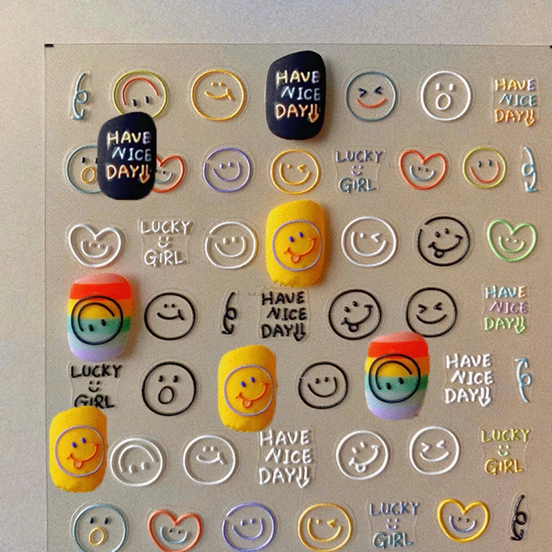 

Smiley Stickers Heart Love Bear Cute 3d Embossed Letter Rainbow Smile Decals Nail Art Decoration Tips DIY Manicure Nail Sticker