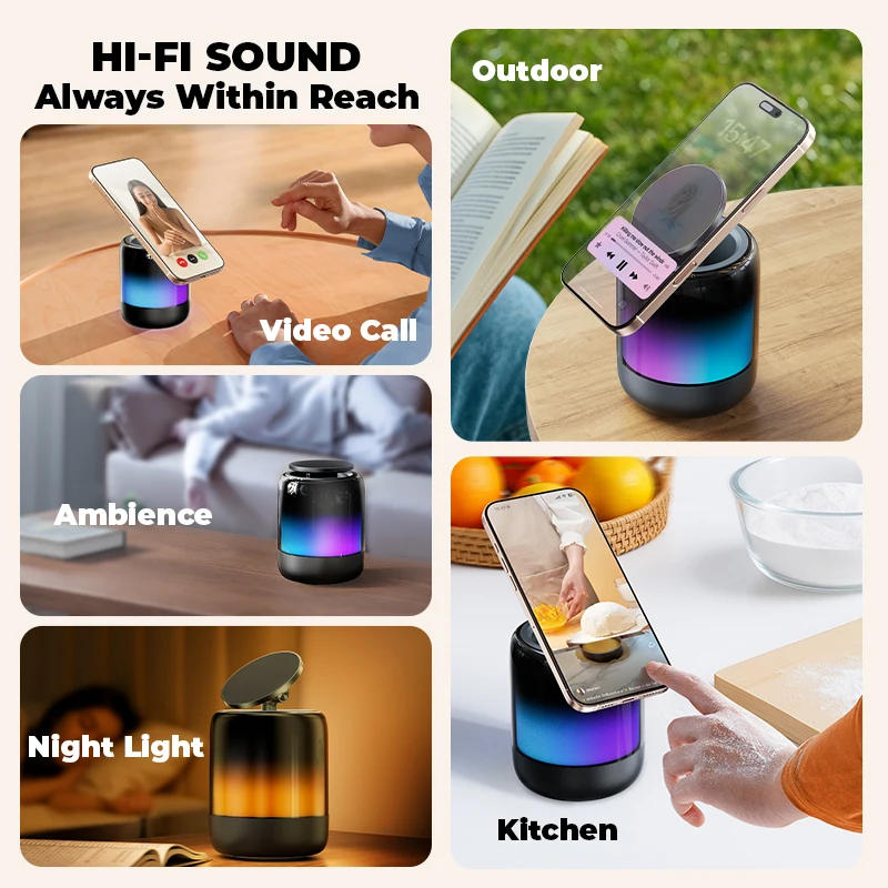 4 in 1 Desktop Magnetic Phone Holder & Bluetooth 5.3 Speaker & RGB Rhythmic Lamp & Radio 3D Stereoscopic Sound Smartphone Mount
