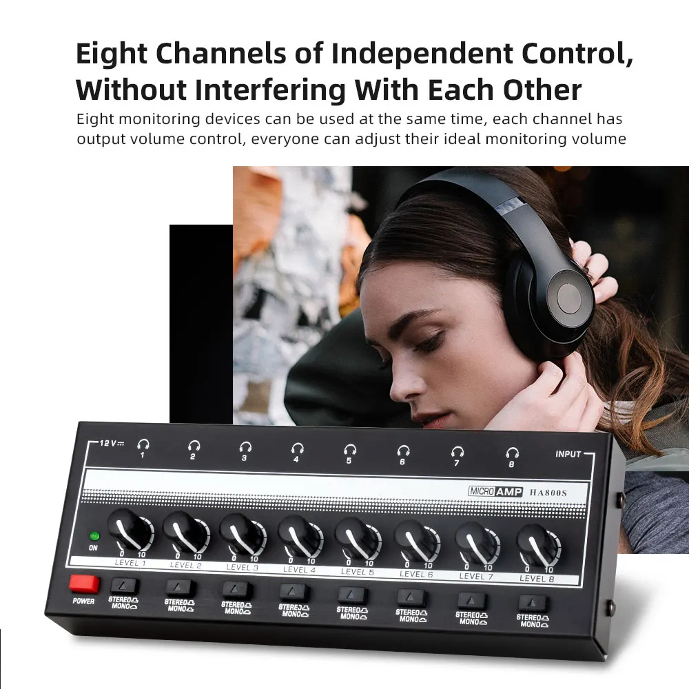 8 Channels Headphone Amplifier Mini Amplifier with Stereo/Mono Switch Profession