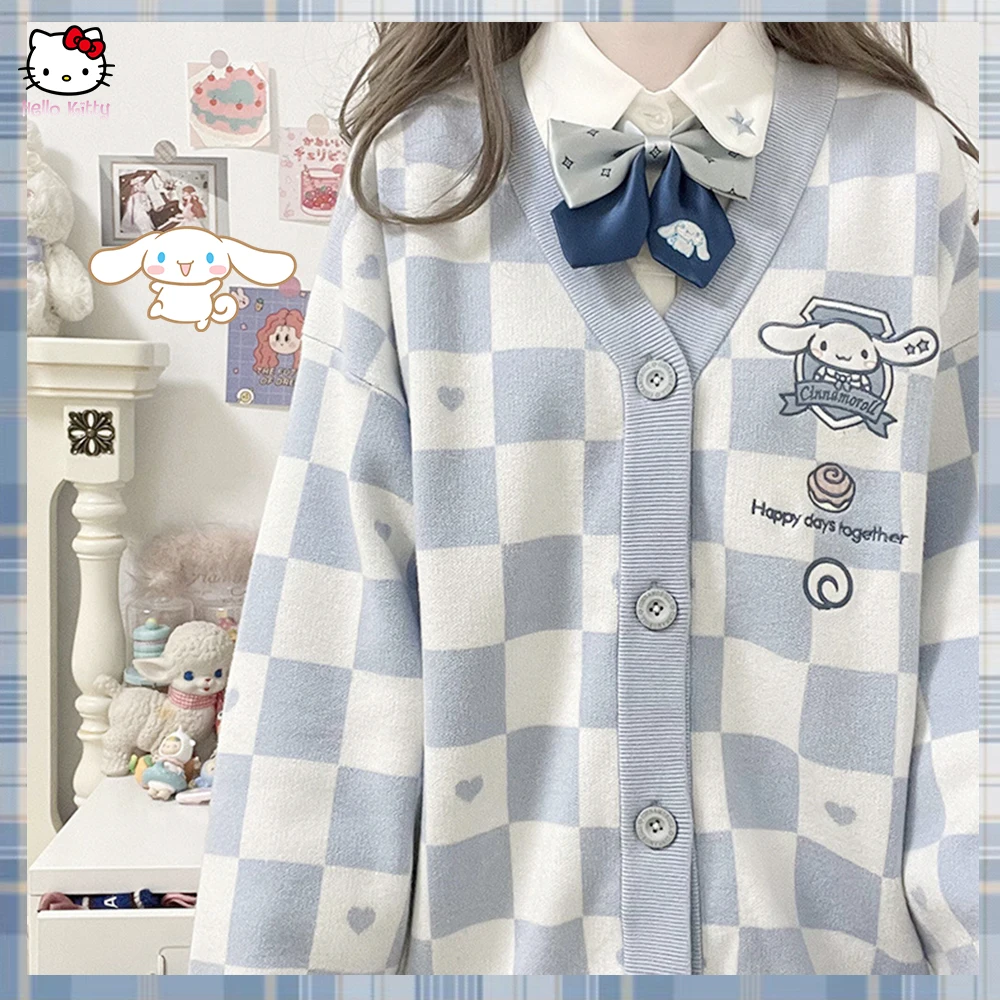 Cartoon Cinnamoroll Kuromi Embroidery Knitted Sweater Cardigan Japanese Sanrioed Y2K Kawaii Women Jk Uniform Spring Loose Coat 2