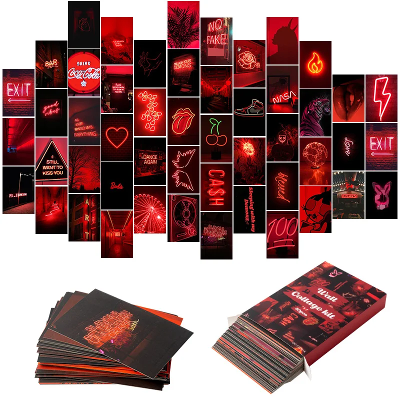 50Pcs Red Neon Print Poster Collage Cards Set Retro Cardboard Red Neon Wall Collage Poster Decor for Home Bar Bedroom Dormitory