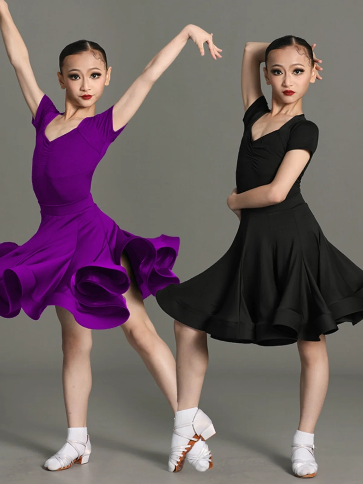 ballroom latin Line Short Sleeve dress girls american dance rumba cha cha samba tango costume competition practice wear kids
