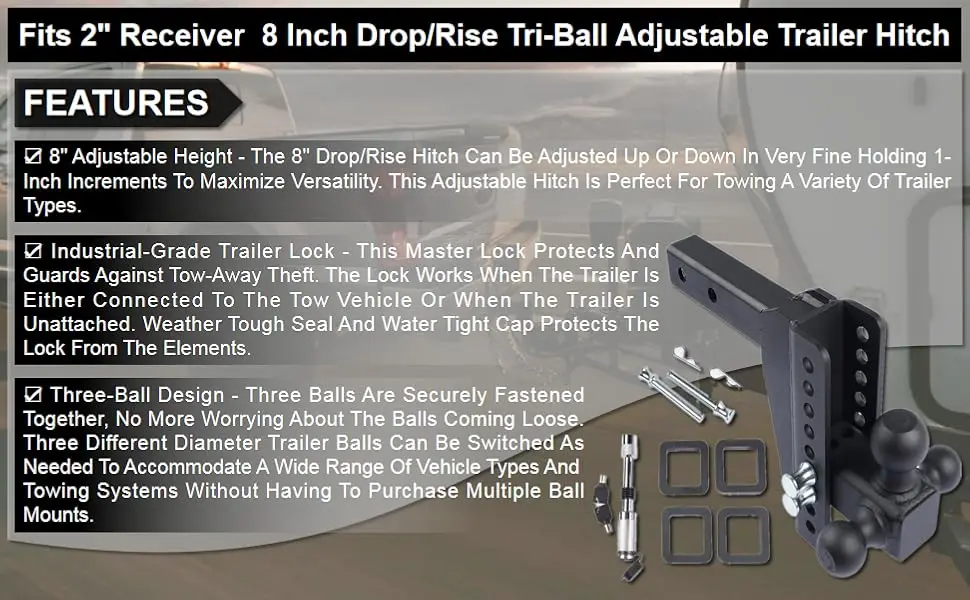 2inch Receiver, 8 Inch Drop/Rise, GTW 18500 LBS, Adjustable Trailer Hitch