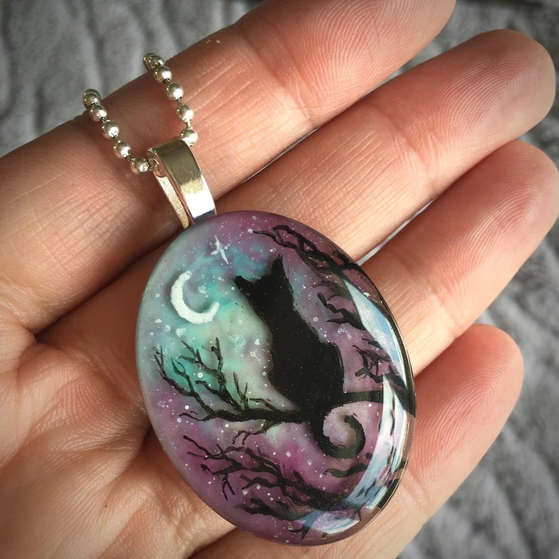 Starry Night Cat Resin Pendant Unique Hand Painted Resin Jewellery