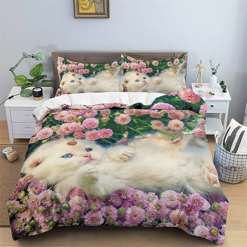 

3D Cat Print Duvet Cover Floral Bedding Set Twin Full For Kids Girls Boys Room Decor Luxury Microfiber Funny Animal Quilt Cover